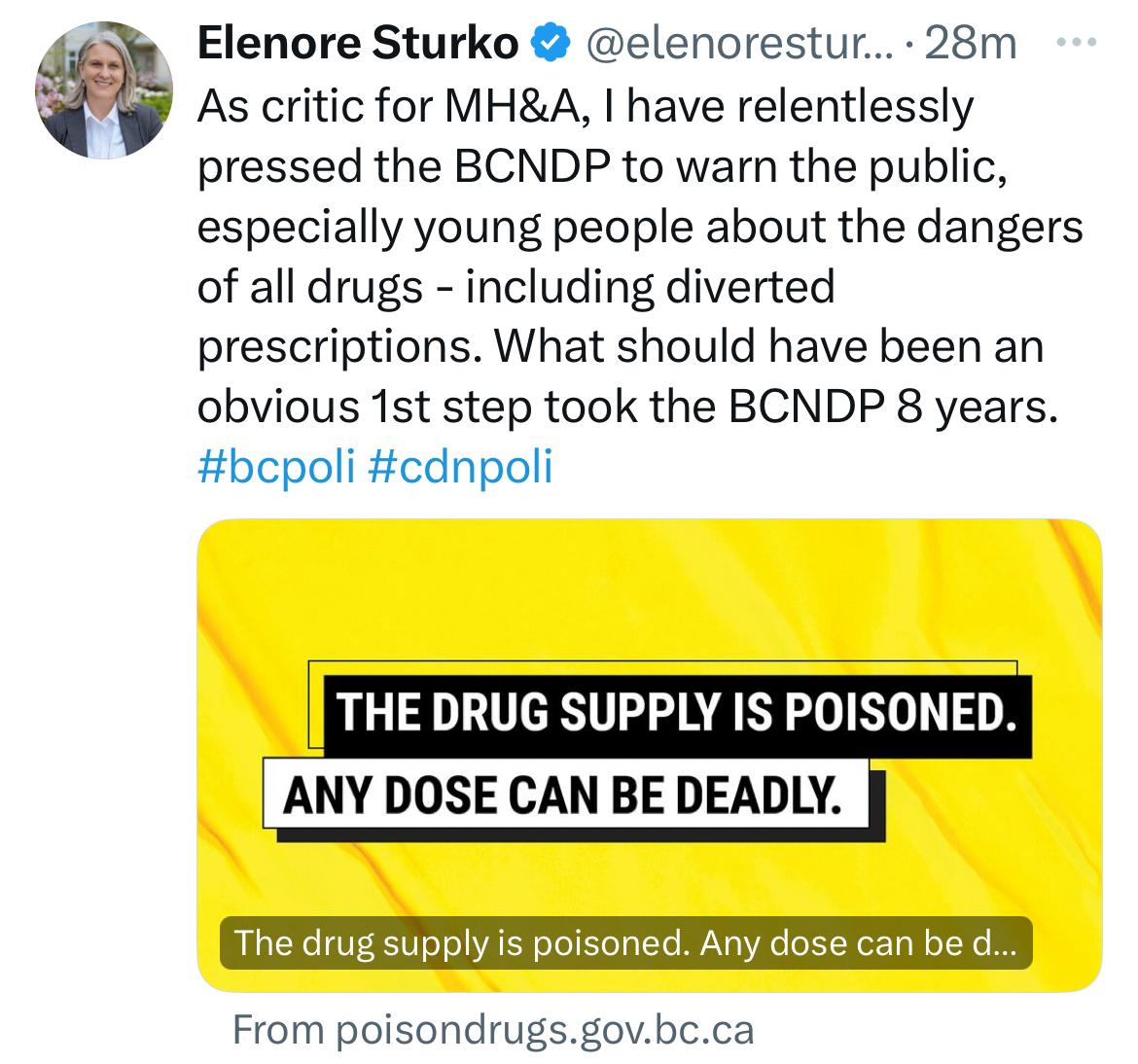 Huh? 🤔 I don’t recall MLA @ElenoreSturko EVER pressing the government to warn people about poisoned drugs, never mind “relentlessly.” As far as I can recall, she has rarely even acknowledged the toxic illicit drug supply. In post after post, media interviews, letters,
