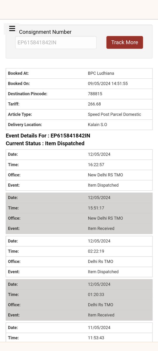 PallabChanda8's tweet photo. @IndiaPostOffice 
Dear sir/madam,
I am not receiving update tracking Id EP615841842IN after 12th May'24. It is urgent please do the needful. https://t.co/CmhiY8X4pU