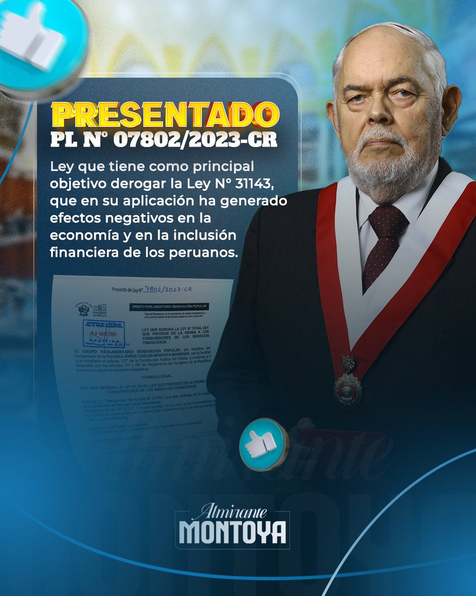 ¡Acabemos con el GOTA A GOTA! Presentamos el PL-7802, que tiene como principal objetivo derogar la Ley N° 31143, que en su aplicación ha generado efectos negativos en la economía y en la inclusión financiera de los peruanos. Esta derogación contribuirá significativamente a: 1️⃣