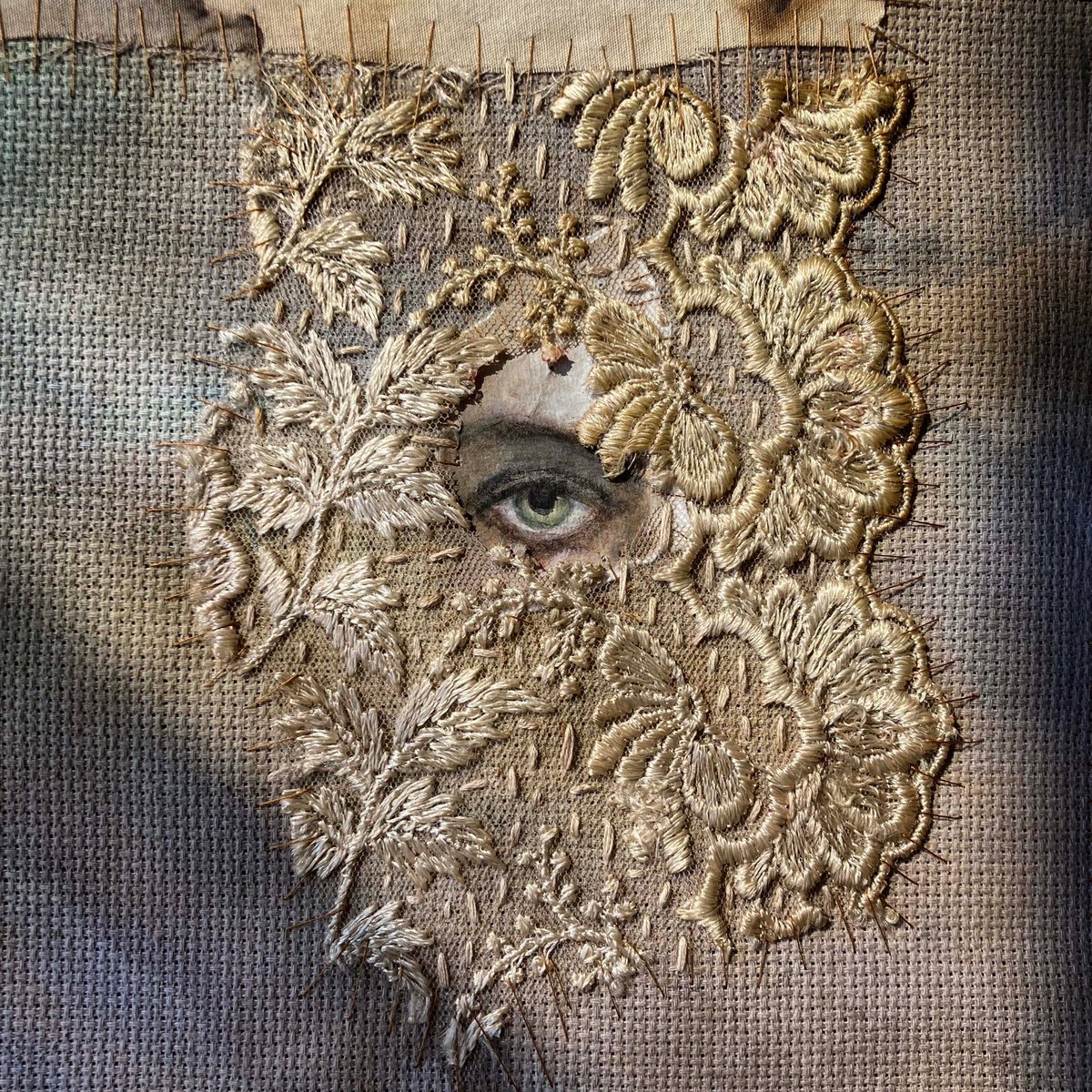 The central detail of a mixed media collage I’m working on at the moment. .. #eyepainting #gouachepainting #lacestitch #teadye #simpleembroidery #abstractart #eyeportrait #paintedfabric #slowstitching #mixedmediatextiles