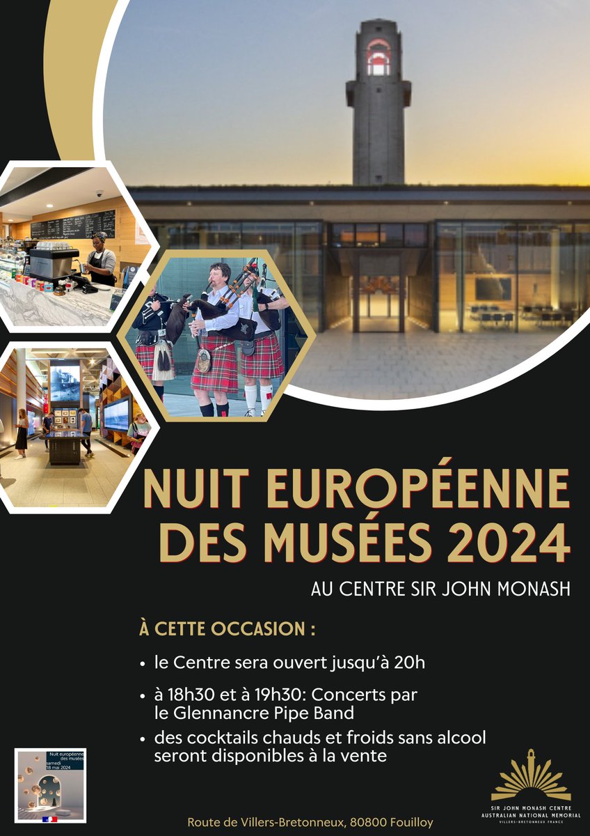 Ne manquez pas la @NuitdesMusees ce samedi ! Le #CentreSirJohnMonash sera ouvert jusque 20h 🕗 Assistez à un concert de cornemuses à 18h30 et 19h30 par le Gleannancre Pipe Band