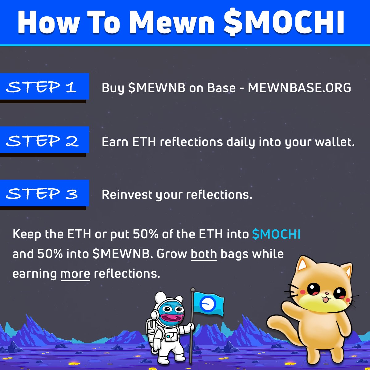 Hey @mochi_token holders and lovers of @base. We are doing our part to help onboard one billion people onchain and we support all Base projects. We’re MewnBase. Our contract is renounced, liquidity is burned, and we’re audited. We provide daily ETH “Reflections” for simply