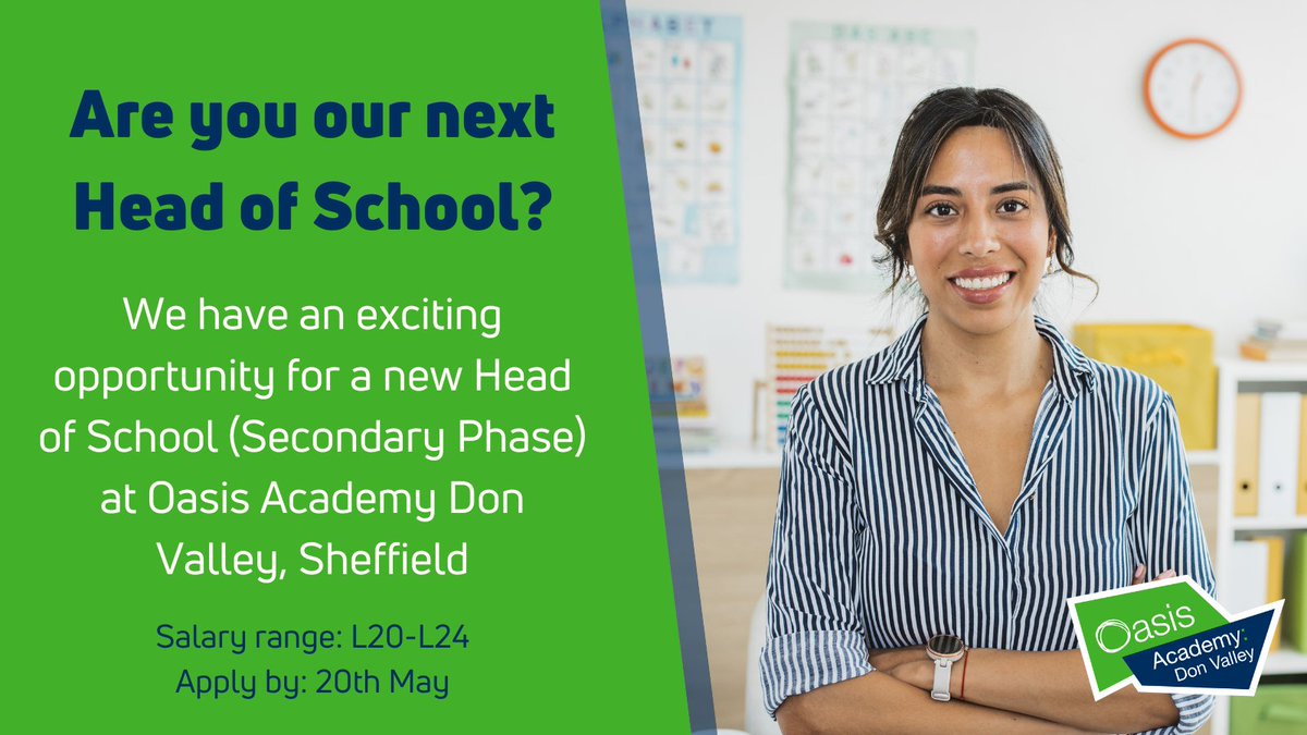 We're #hiring! Join us in #Sheffield as Head of School for @oasisdonvalley! Lead with passion, drive, and a commitment to excellence. Apply by 20th May here linkedin.com/jobs/view/3921… #SheffieldJobs #EduJobs #LeadershipRole