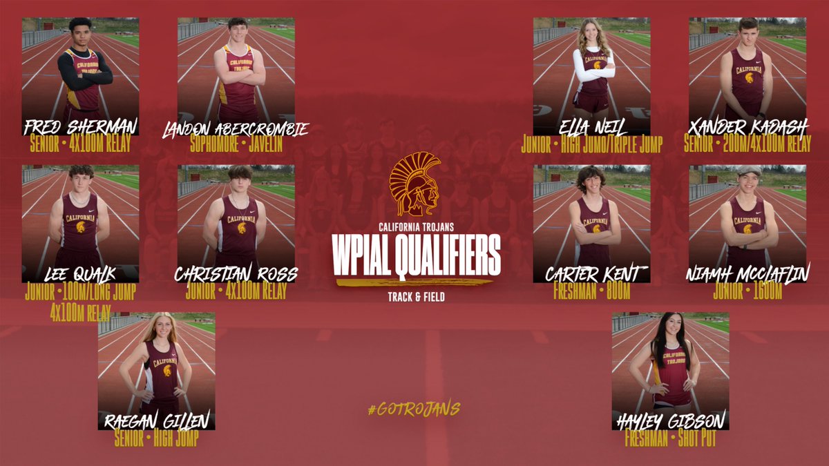 CONGRATULATIONS To Our Athletes Who Have Qualified For The WPIAL Individual Championships At Slippery Rock University.
--
We're Excited To See Compete For Your Spot At States! GOODLUCK!!
--
Held On Wednesday May 15 Events Will Begin Around 11am.
--
#GoTrojans #TheTrojanWay #WPIAL