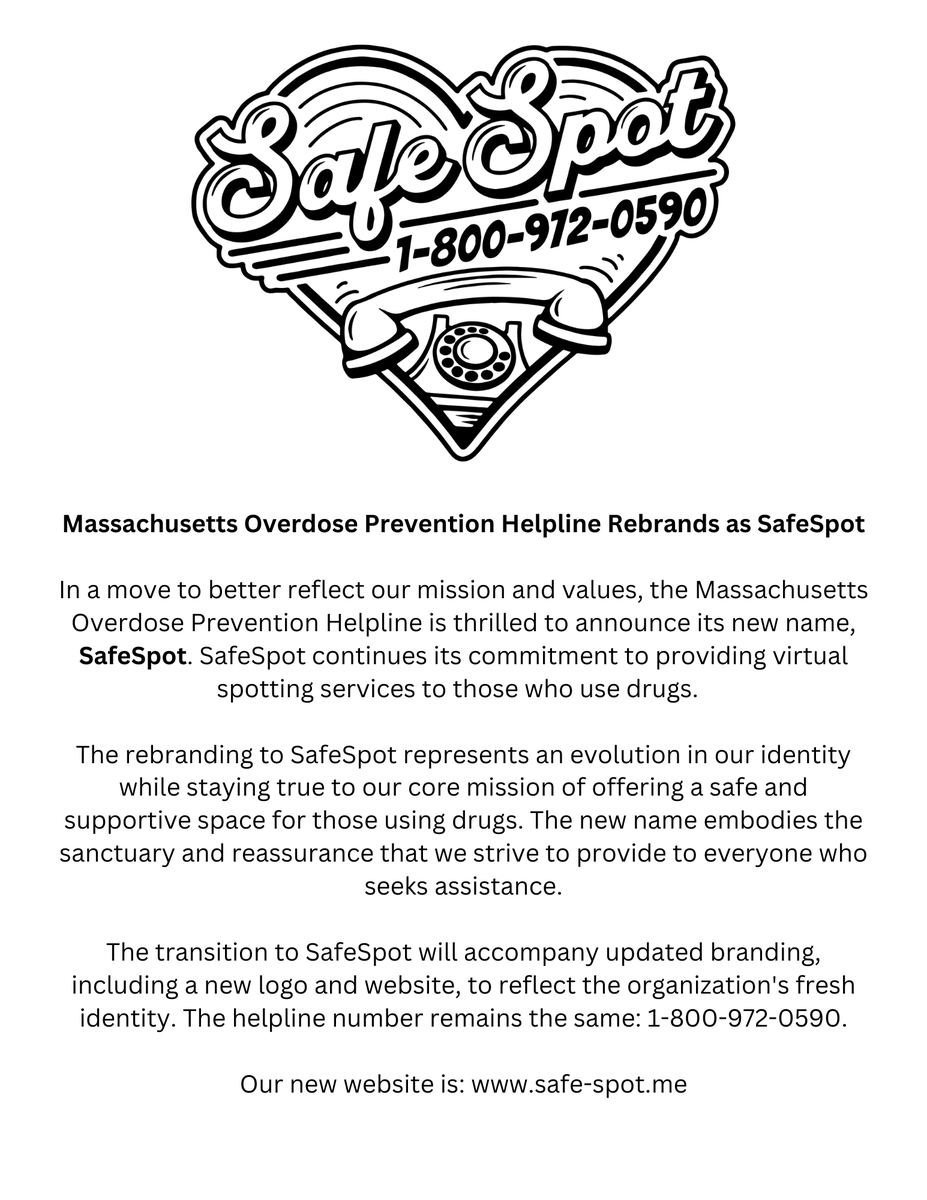 Proud to announce our official name change to SafeSpot! Our website now lives at safe-spot.me

Same number, 1-800-972-0590
Same great service!
#harmreduction
