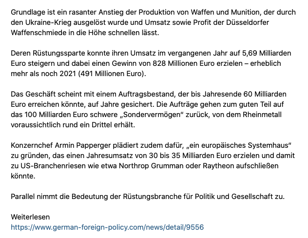 „Worldwide Player“ Rheinmetall

Der Rüstungskonzern Rheinmetall kündigt vor seiner diesjährigen Hauptversammlung am heutigen Dienstag an, er wolle zum „Worldwide Player“ in der Rüstungsindustrie aufsteigen.