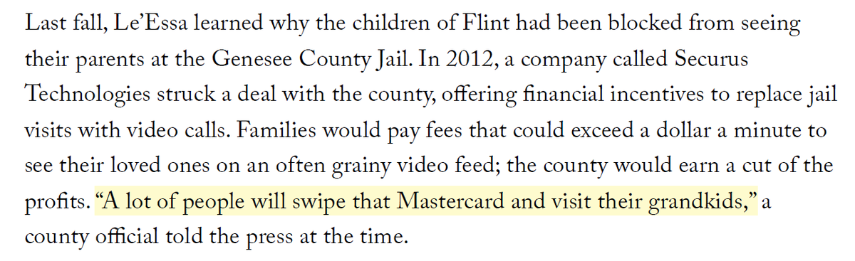Rarely does one paragraph say so much about our society. It's from the New Yorker's investigation into why millions of children have been banned from visiting their parents in jail, even though their parents are presumed innocent and jailed largely because they cannot pay cash.
