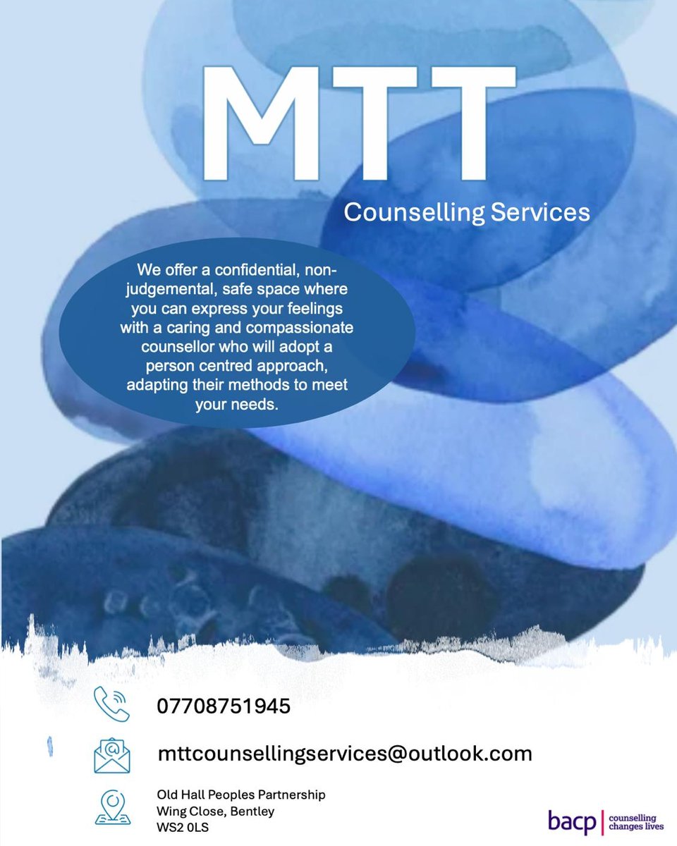 The fantastic MTT Counselling Services are with us tomorrow.
Read on for more information on how they can help you.

#Bentley #Walsall #WestMidlands #Counselling