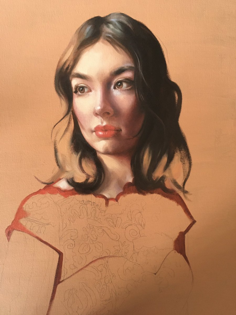 Detail of what’s on my easel ♥️ Loose 1st layers going in on this fun portrait - really can’t wait to paint the dress in 😍 #oilpainting #portraiture #painting #art #painter #tuesdayvibe