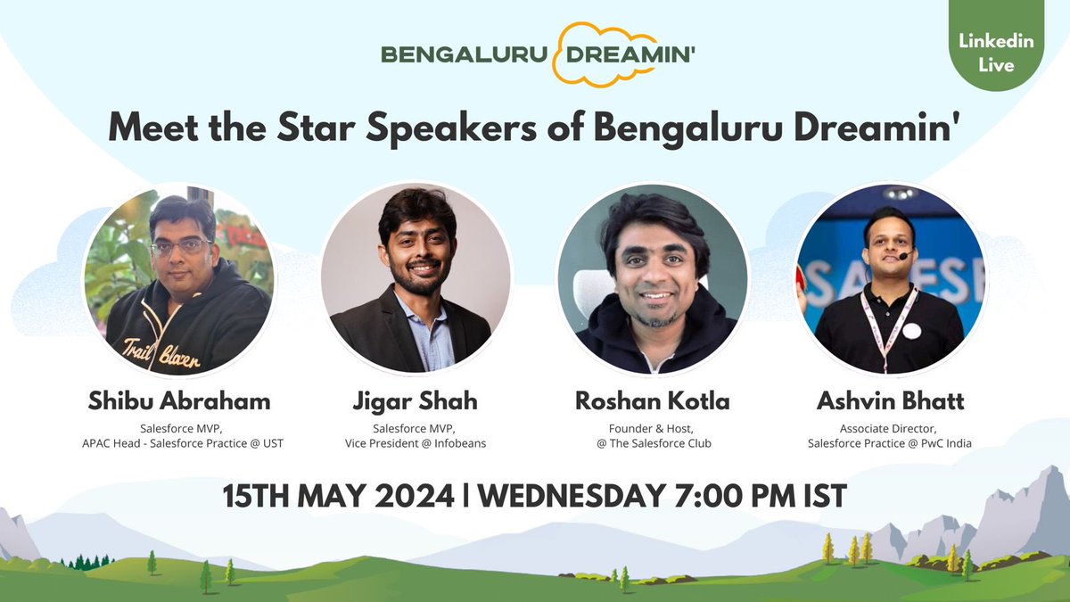 Hello #trailblazers Join us on 𝟭𝟱𝘁𝗵 𝗠𝗮𝘆 𝟮𝟬𝟮𝟰, 𝟳 𝗣𝗠 𝗜𝗦𝗧 for an exciting LinkedIn Live event featuring the Star Speakers of Bengaluru Dreamin'. For more updates please follow the Bengaluru Dreamin' page. #BengaluruDreamin24 #Salesforce #trailblazercommunity