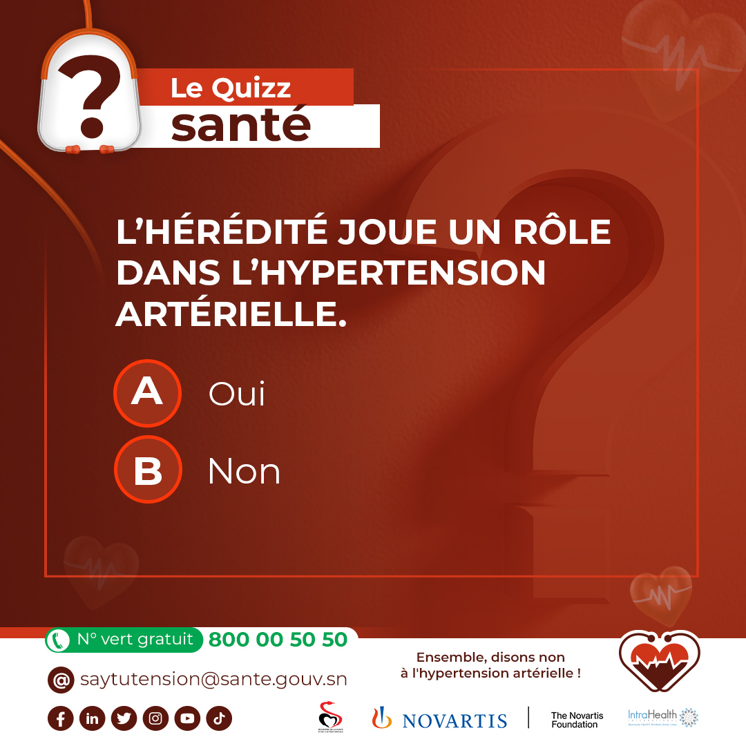 #QuizSanté
Donnez la bonne réponse en commentaire en répondant par vrai ou  faux.

#santécardiovasculaire #sensibilisation #kebetu  #SaytuTension #hypertension