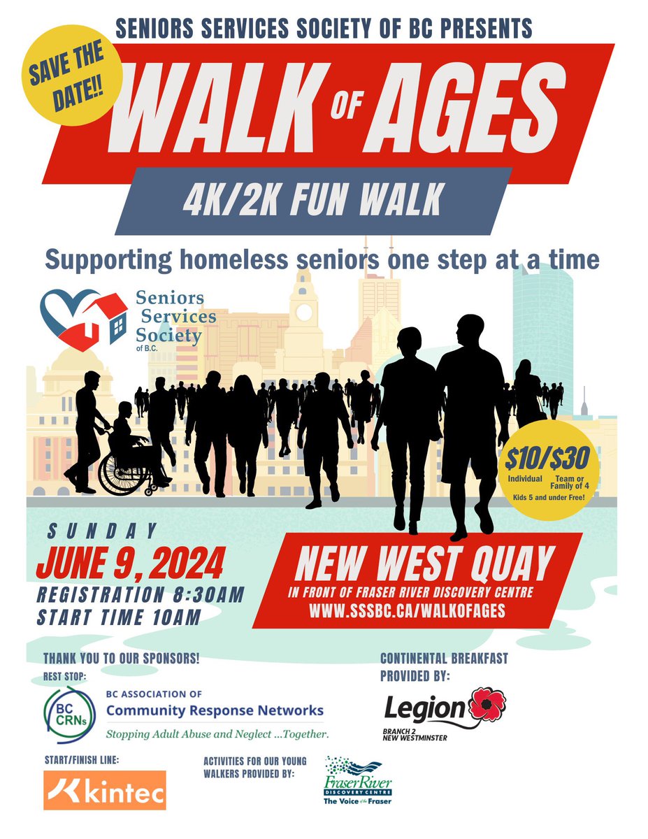 #SupportSeniors - 1st Annual Walk in the City of New Westminster. It is a fun walk on the Quay with a breakfast hosted by the Legion at a rate of $10.00 and a family rate of $30. Check out
@seniorsupportbc 

register here seniorsservicessociety.ca/walkofages/
#NewWest #NewWestminster