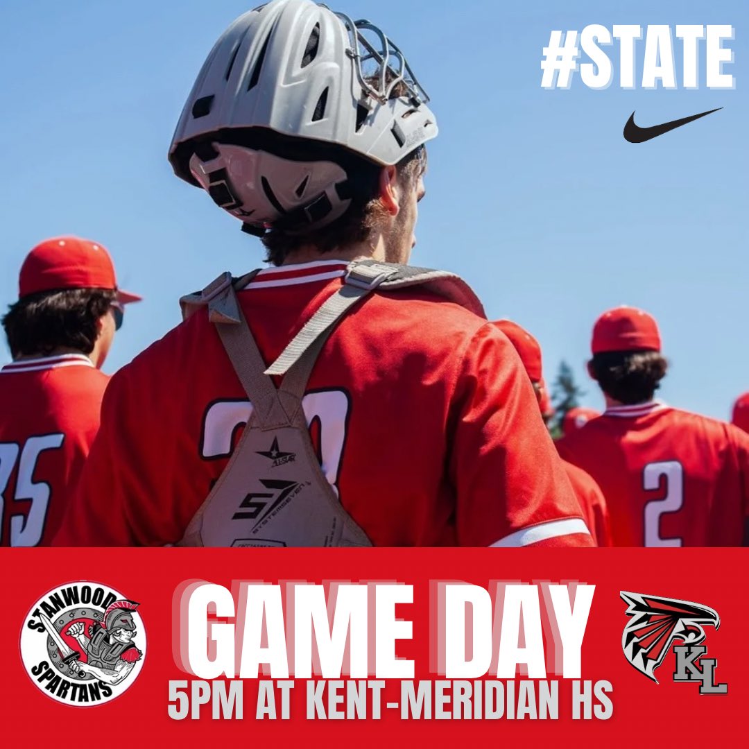 State tournament baseball! The Spartans are headed south for a tilt with the Kentlake Falcons. We’re having a Send-off at the Main Entrance of Stanwood HS today at 12:20! ⚾️ vs Kentlake Falcons ⏱️ 5pm 📍 Kent-Meridian HS 📺 web.gc.com/teams/pRSD3ZiE… #StanwoodBaseball #State