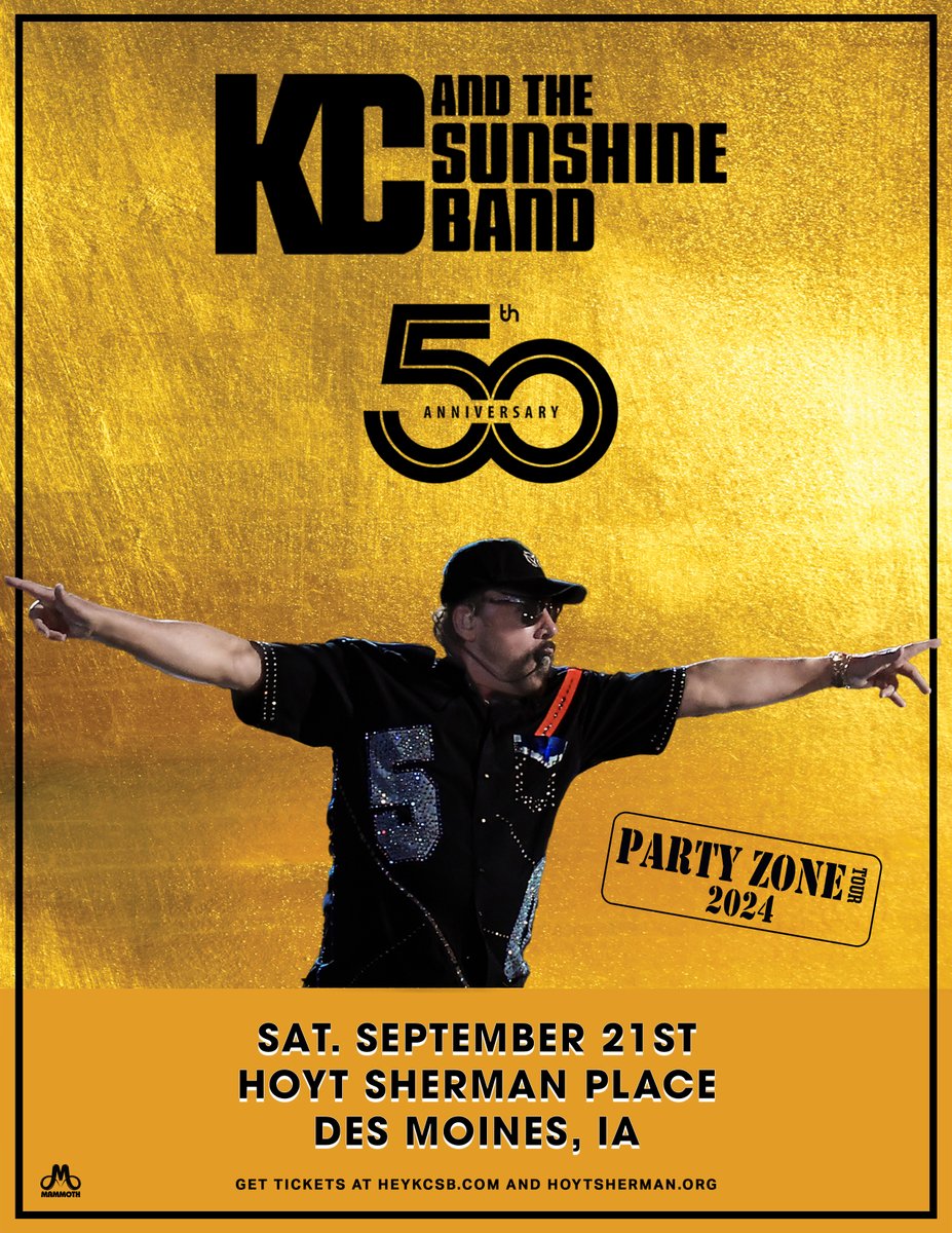 Just announced! @kcandsunshineb are celebrating their 50th Anniversary with the Party Zone Tour. Tickets for Sept 21 at Hoyt Sherman Place go on sale May 17 at 10:00 AM at the venue box office and hoytsherman.org/event/kc-and-t….