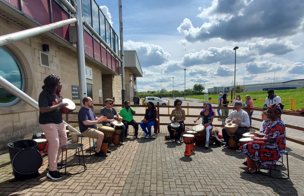 Photos of some of us who drummed then watched the women's football match at NTFC 2 Saturdays ago. Glorious sunshine and brilliant score 4-0 to Northampton, well done!! #unitedafricanassociation #shoearmy👞 #northamptontownwomensfootball #africandrummingworkshop #lovewhatwedo