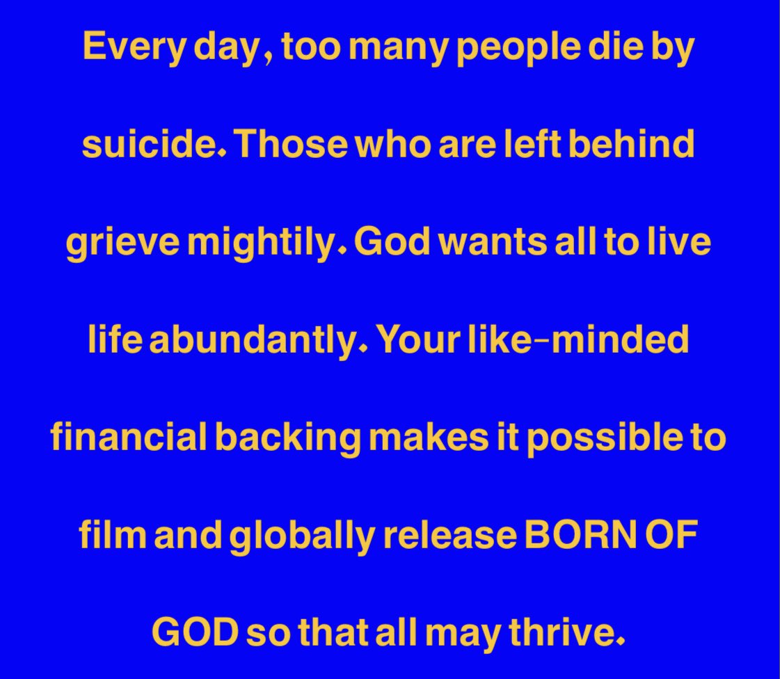BORN OF GOD can stop suicides worldwide.
#supportindiefilm #suicideprevention #suicide #suicideawareness #22aday #stopsuicide #godsplan #donate #globalimpact #impactinvestment #impactinvestors #invest #taxshelter #globalsales #highroi #savelives #contactus #chooselife #sharepost