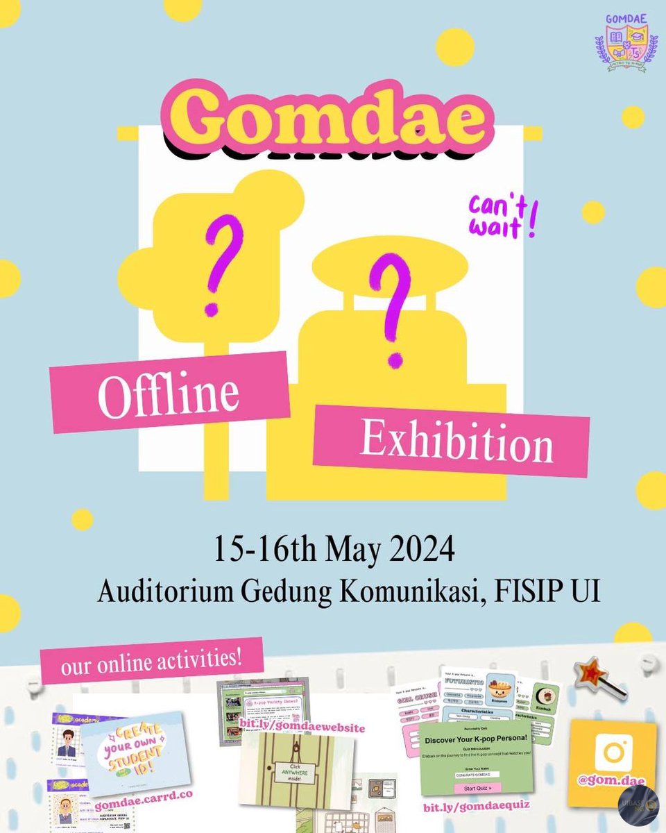uibaseNG's tweet photo. ui! HALOOO yg kosongg besoook boleeh yuu dtg ke exhibition final project anak kom nihh😆 kita dari “Gomdae” siapatau kemarin sempet lewat TL kalian yang kuis kipop heheh ditungguuu all 💖💖 https://t.co/H391a0i6BR