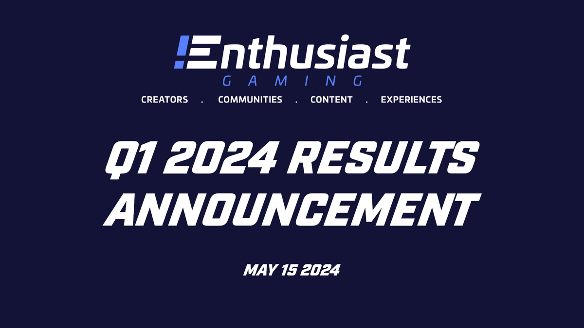 Enthusiast Gaming to Announce First Quarter 2024 Results on May 15, 2024 Conference Call Details: Toll Free: 1-855-239-1101 (Conference ID: 10189020) Live Webcast: viavid.webcasts.com/starthere.jsp?… A Replay of the Webcast will be Available On: enthusiastgaming.com/investors