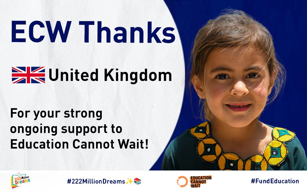 ✨📚Thank-you #UK🇬🇧 for your strong ongoing support to @EduCannotWait !📚✨

Your generous contributions allow #ECW & strategic partners to reach even more crisis-affected girls, boys & youth across the🌎with #QualityEducation!

@FCDOEducation @UN #222MillionDreams✨📚