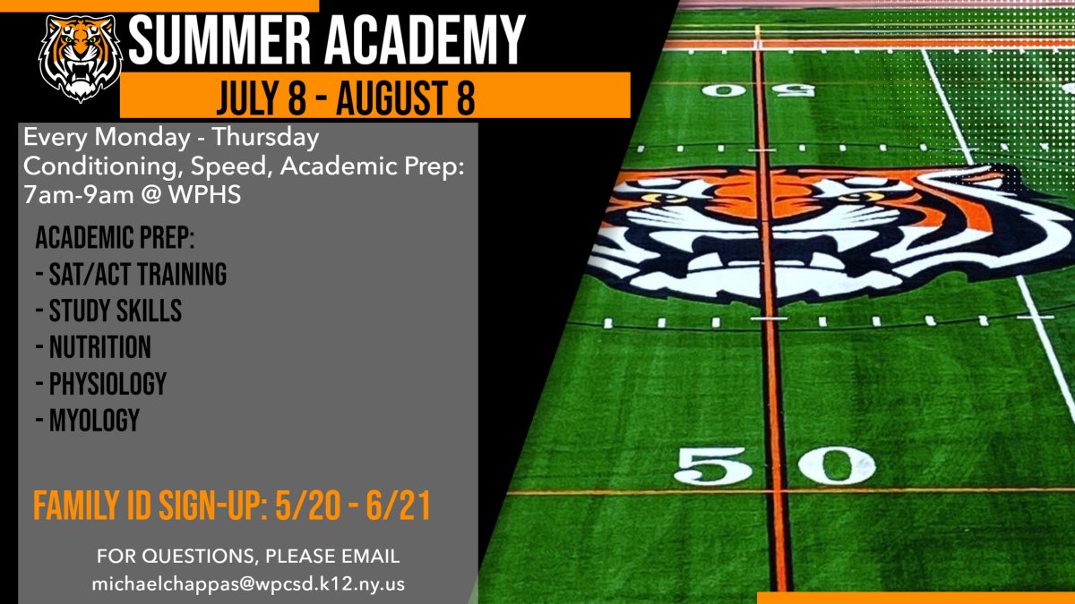 Registration for the summer academy opens to @WPTigerPride High School students on Monday, 5/20 through 6/21. Visit our website for the link to register - whiteplainspublicschools.org/athletics #WPProud