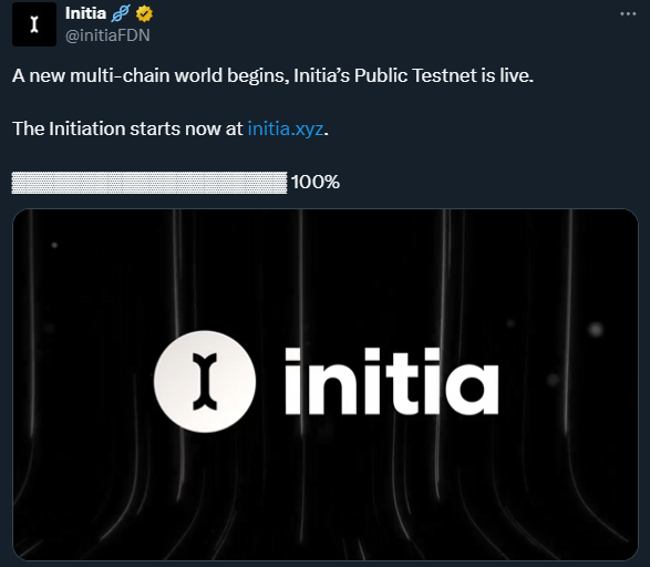 Initia public testnet is now live🚀 Initia’s Incentivized Public Testnet is an 8-week adventure ahead of mainnet launch later this year. ⚡️Testnet website: app.testnet.initia.xyz ✍🏽Tasks: 🔹Claim faucet and Mint the first NFT 🔹Register your unique username 🔹Do Swaps/