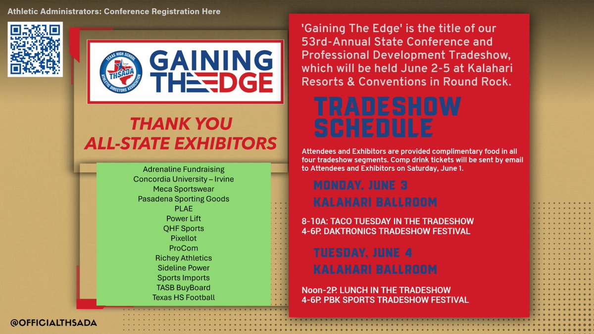 Badges are required at all conference functions, including all 4 tradeshow segments. For a map of our sold-out tradeshow and to check out which vendors are attending our 2024 State Conference, go here: bit.ly/43oVz78