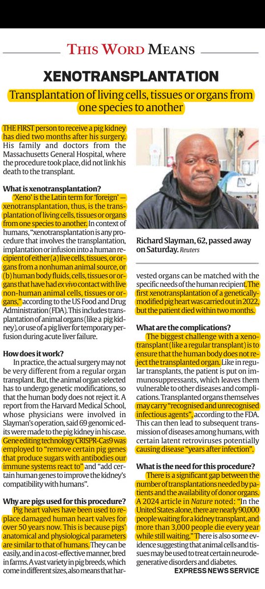 📚Xenotransplantation: Transplantation of living cells, tissues and organs from one species to another is called xenotransplantation. The cells, tissues and organs transplanted in this way are called xenografts or xenotransplants.

To know more you can read the article 👇