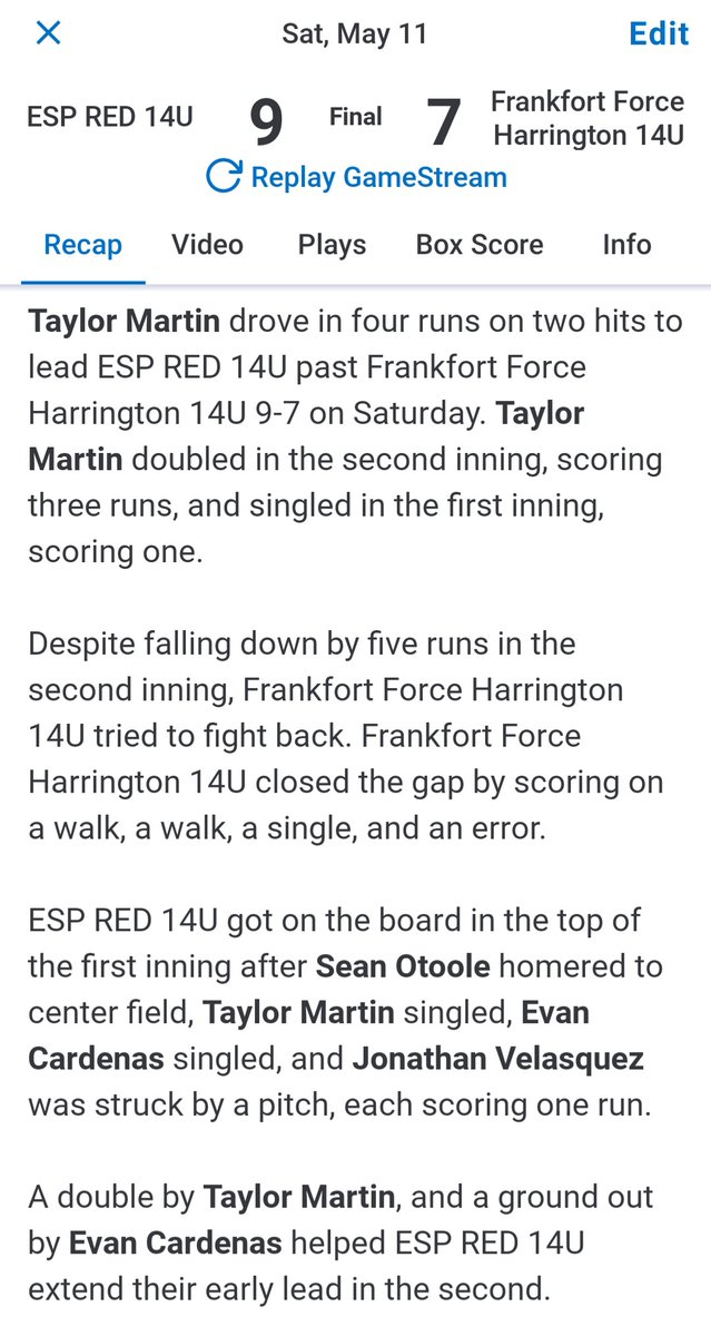 ESPred2028's tweet photo. ESP Red 9
Frankfort Force 7

Jonathan started the game and pitched well. 4H 2Ks. Sean did great in relief with 3Ks.

Taylor Martin stays hot with 2 hits and 4 RBIs. Sean Otoole hits his first home run of the year in our win!
#ESPTrained #ESPRed2028 https://t.co/Fp0NBD6Hav