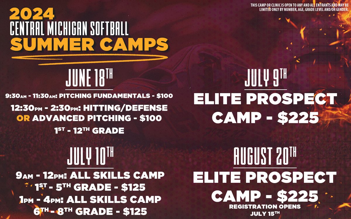 Summer is coming & we can't wait to see YOU at our camps 🫵🏼 Come learn from our current team, incredible coaching staff and see what CMU Softball is all about! #FireUpChips🔥⬆️🥎