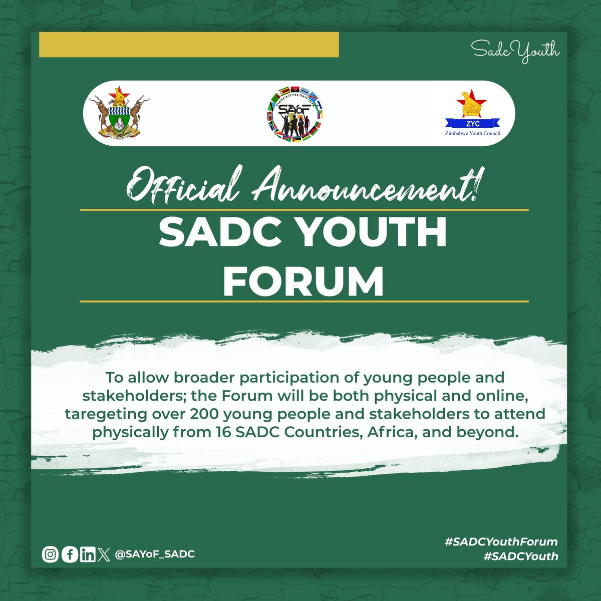 To allow broader participation of young people and stakeholders; the Forum will be both physical and online, targeting over 200 young people and stakeholders to attend physically from 16 SADC Countries, Africa, and beyond. #SADCYouth #SADCYouthForum