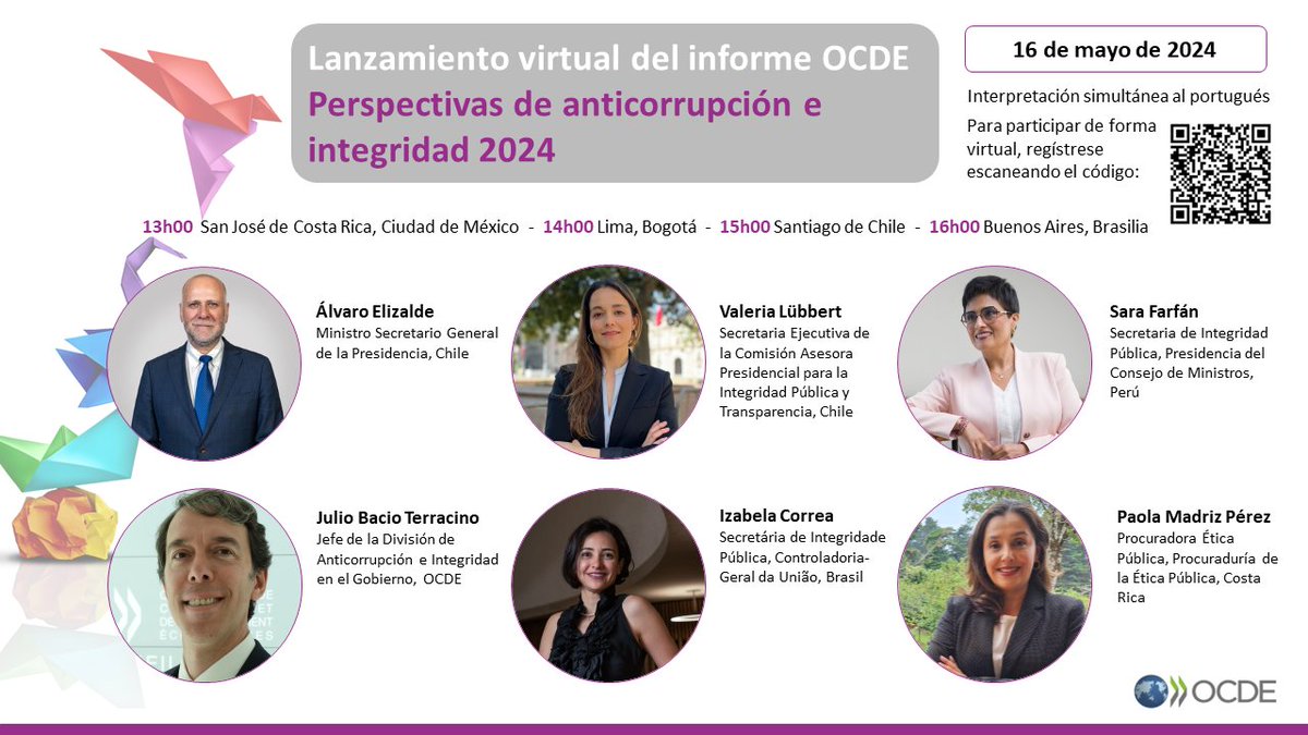 Lanzamiento virtual del informe Perspectivas de anticorrupción e integridad 2024 Estrategias para combatir la corrupción y la importancia de fomentar una cultura de integridad 🗓️ Jueves 16 de mayo 🕒 13:00 🇨🇷🇲🇽 | 14:00🇨🇴🇵🇪 | 15:00🇨🇱 |16:00🇧🇷🇦🇷 Registro: bit.ly/44J35KN