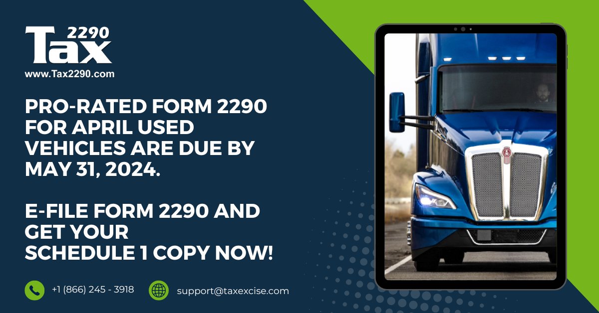 Pro-rated Form 2290 HVUT returns for April used vehicles are due by the end of this month. E-file Form 2290 and stay ahead of the deadline today!
#EfileNow
#Form2290
#ProRated
#DeadlineAlert