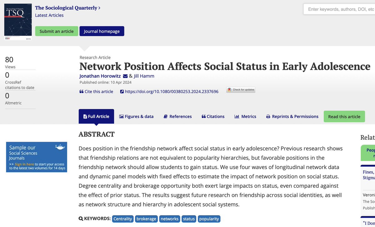 NEW IN TSQ Jonathan Horowitz and Jill Hamm find that favorable positions in friendship networks allow students to gain status in early adolescence. Read more at bit.ly/4bGmFK5