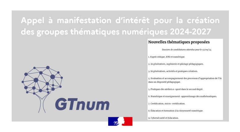 📢 Appel à manifestation d’intérêt ! 📌Nouvelles thématiques pour la création des groupes thématiques numériques #GTnum @Edu_num sur la période 2024-2027 👉edunumrech.hypotheses.org/12000 📆Dossiers de candidature attendus pour le 13/09/24 @audranlebaron @elieallouche @axeljean77