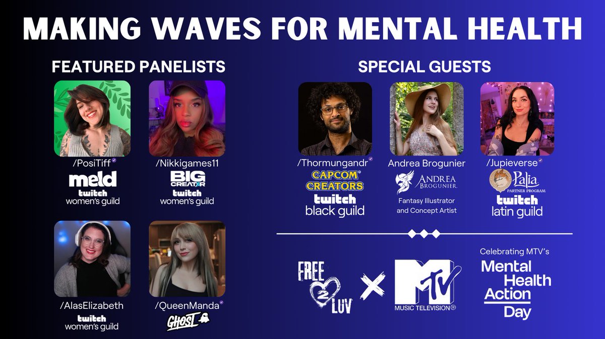 It's 2 DAYS til #MentalHealthAction Day & we can't wait to celebrate w/@MTV, @MayhemMermaid, and these amazing and big-hearted content creators for an inspirational and engaging stream filled with art, conversation, and awesomeness! Join us → twitch.tv/themayhemmerma… ♥️ #Free2Luv