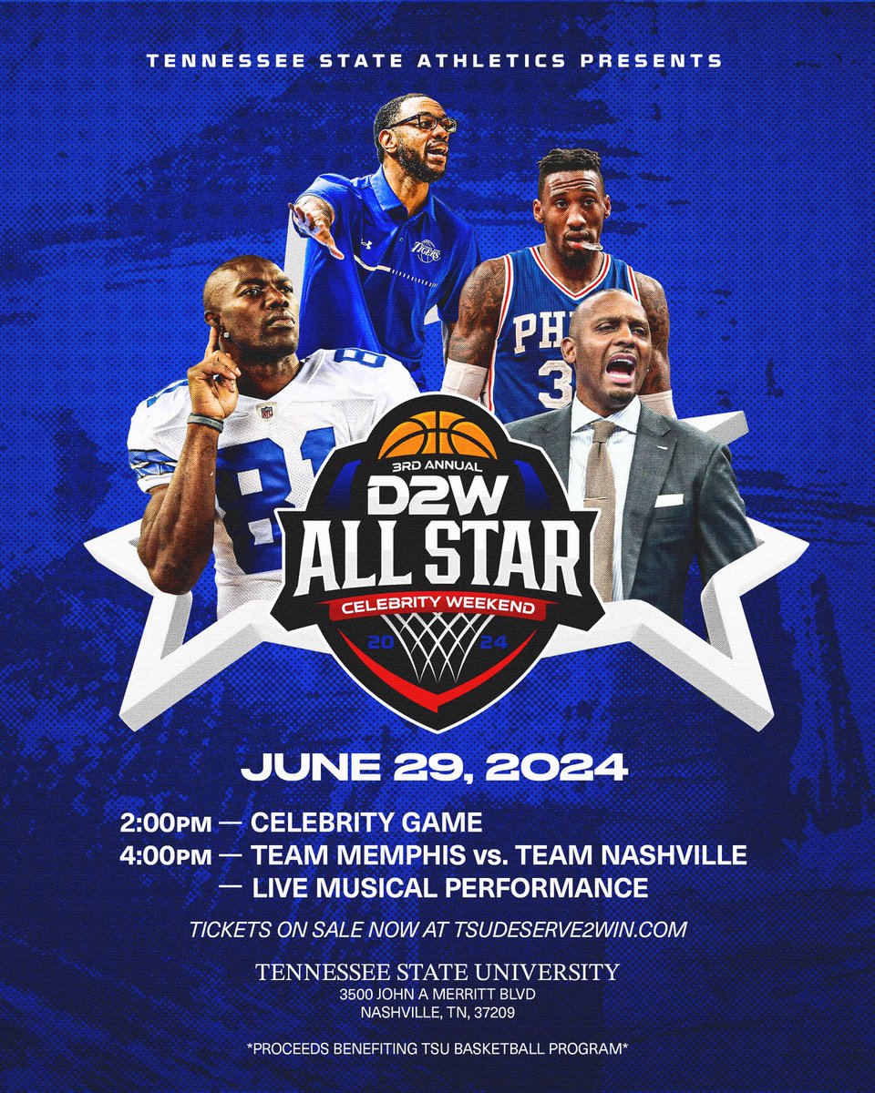 📢 Get your tickets now for the 3rd annual #Deserve2Win All-Star Game 🔥! Join us for two star-studded games showcasing different celebs, followed by our pro matchup featuring Nashville 🆚 team Memphis 🏀⤵️ 🗓️ June 29th ⌚️ 2/4 PM 📍 TSU 🎟️ linktr.ee/tsutigermbb #RoarCity