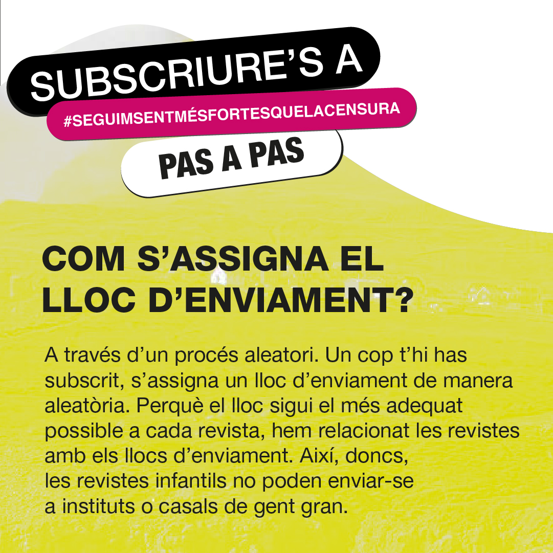 T'expliquem pas a pas com participar en la campanya#seguimsentmésfortesquelacensura. Saps com s'assigna el lloc d'enviament de la segona subscripció gratuïta?  Accedeix al web noalacensura.cat i participa ara! #noalacensura #revistesencatalà #subscripcions #païsoscatalans