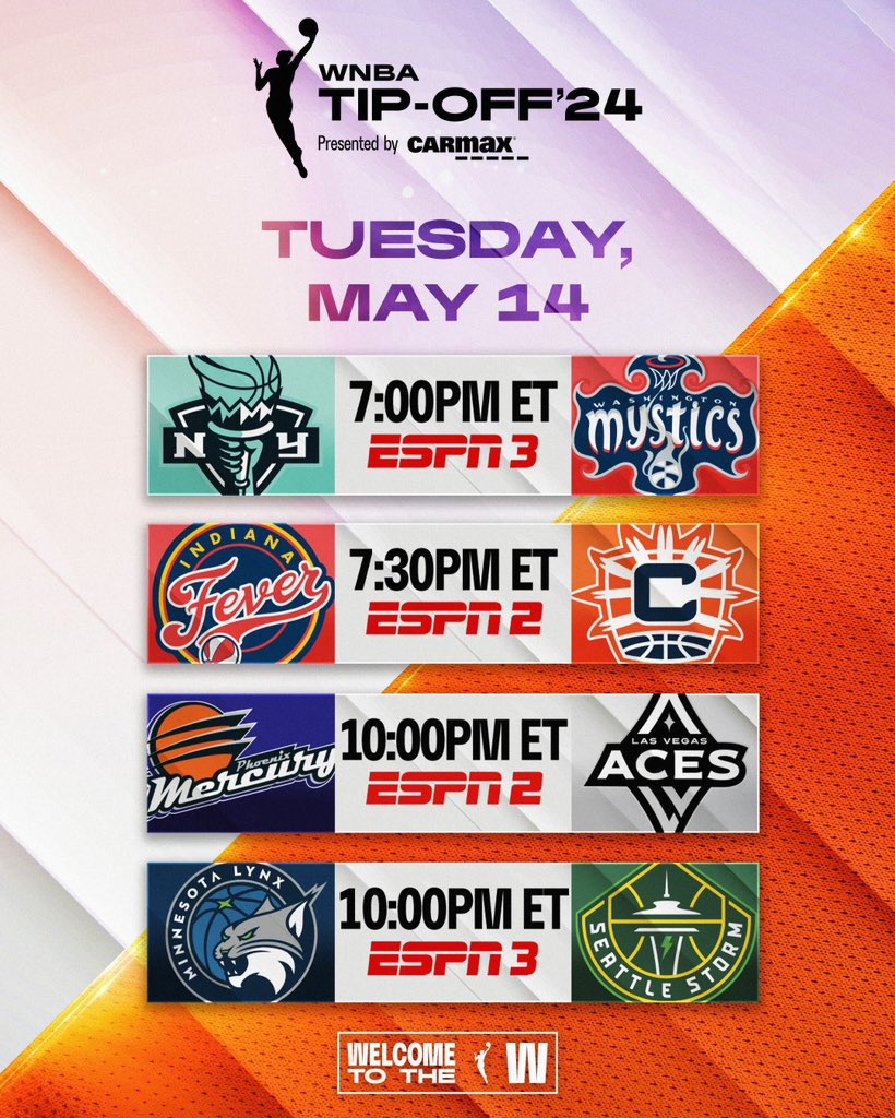 WNBA's tweet image. Season 28. Episode 1. 🤩

WNBA Tip-Off presented by @Carmax is officially here! Check out tonight’s slate of games starting at 7pm/ET.
