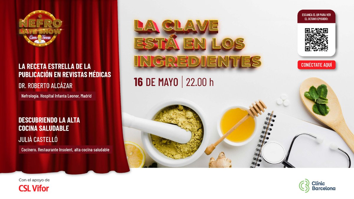 CSL Vifor ES (@cslvifores) on Twitter photo 📢 Este jueves 16 de mayo a las 22h, no te pierdas el octavo episodio de #NefroLateShow: La clave está en los ingredientes. Te esperan conversaciones fascinantes guiadas por <a href="/torreandfriends/">J Vicens Torregrosa</a> ¡Conéctate para descubrir más sobre #Nefrología y cocina!
youtube.com/watch?v=_TFj_f… 📢 Este jueves 16 de mayo a las 22h, no te pierdas el octavo episodio de #NefroLateShow: La clave está en los ingredientes. Te esperan conversaciones fascinantes guiadas por <a href="/torreandfriends/">J Vicens Torregrosa</a> ¡Conéctate para descubrir más sobre #Nefrología y cocina!
youtube.com/watch?v=_TFj_f…
