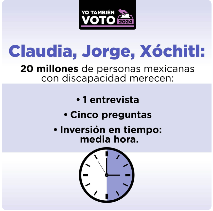 Seguimos y seguiremos insistiendo, @AlvarezMaynez, @XochitlGalvez y @Claudiashein. Esto pedimos, ya reúnanse con #YoTambiénVoto2024. Hasta les accesibilizamos sus propuestas