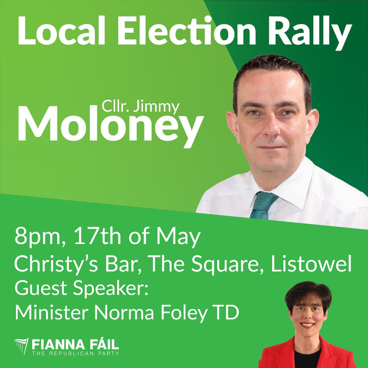 Local Election Rally this Friday in Christys. Guest speaker Minister for Education Norma Foley. See you there !