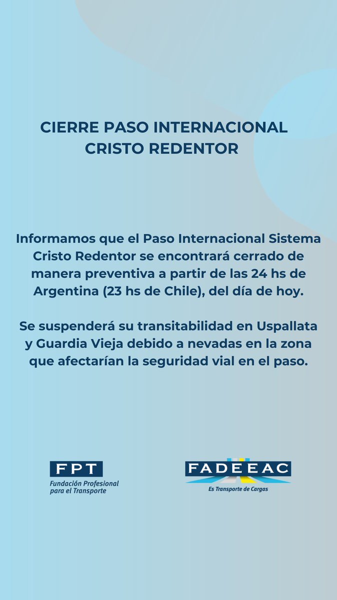 ⚠️ CIERRE PASO INTERNACIONAL CRISTO REDENTOR ⚠️