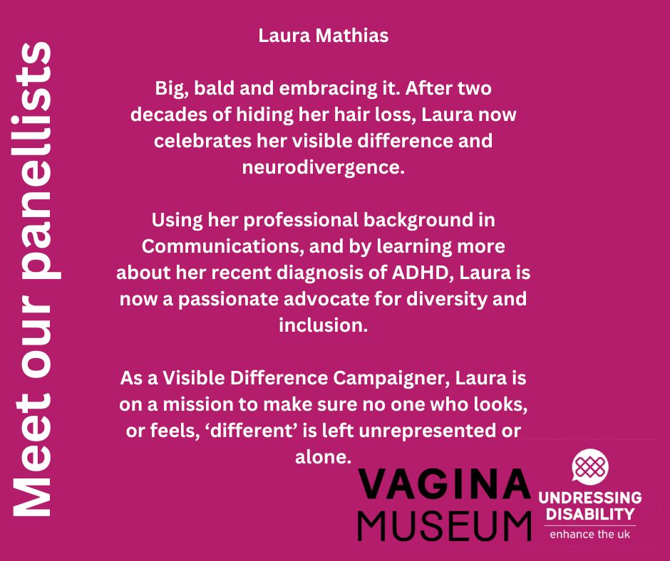 Meet another panellist!  We are delighted to welcome @relightalopecia to our May 16th event @vaginamuseum on neurodiversity and dating! Big, bald and embracing it: Laura celebrates her #VisibleDifference and #Neurodivergence. 
Ticket link in bio to join us buff.ly/4arwMCi
