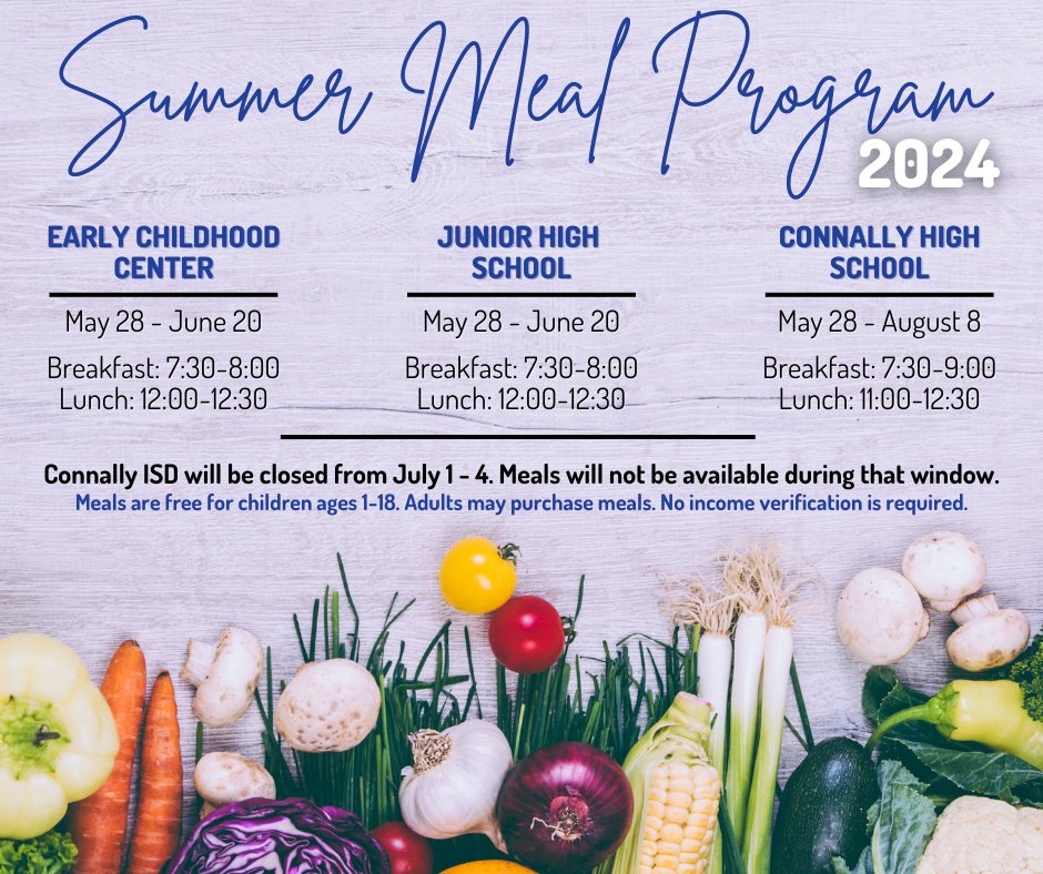 Connally ISD is excited to announce its 2024 Summer Meal Program! Meals are free for children up to 18 years old. Adults may purchase breakfast for $3.25 and lunch for $4.75. There is no income verification required.