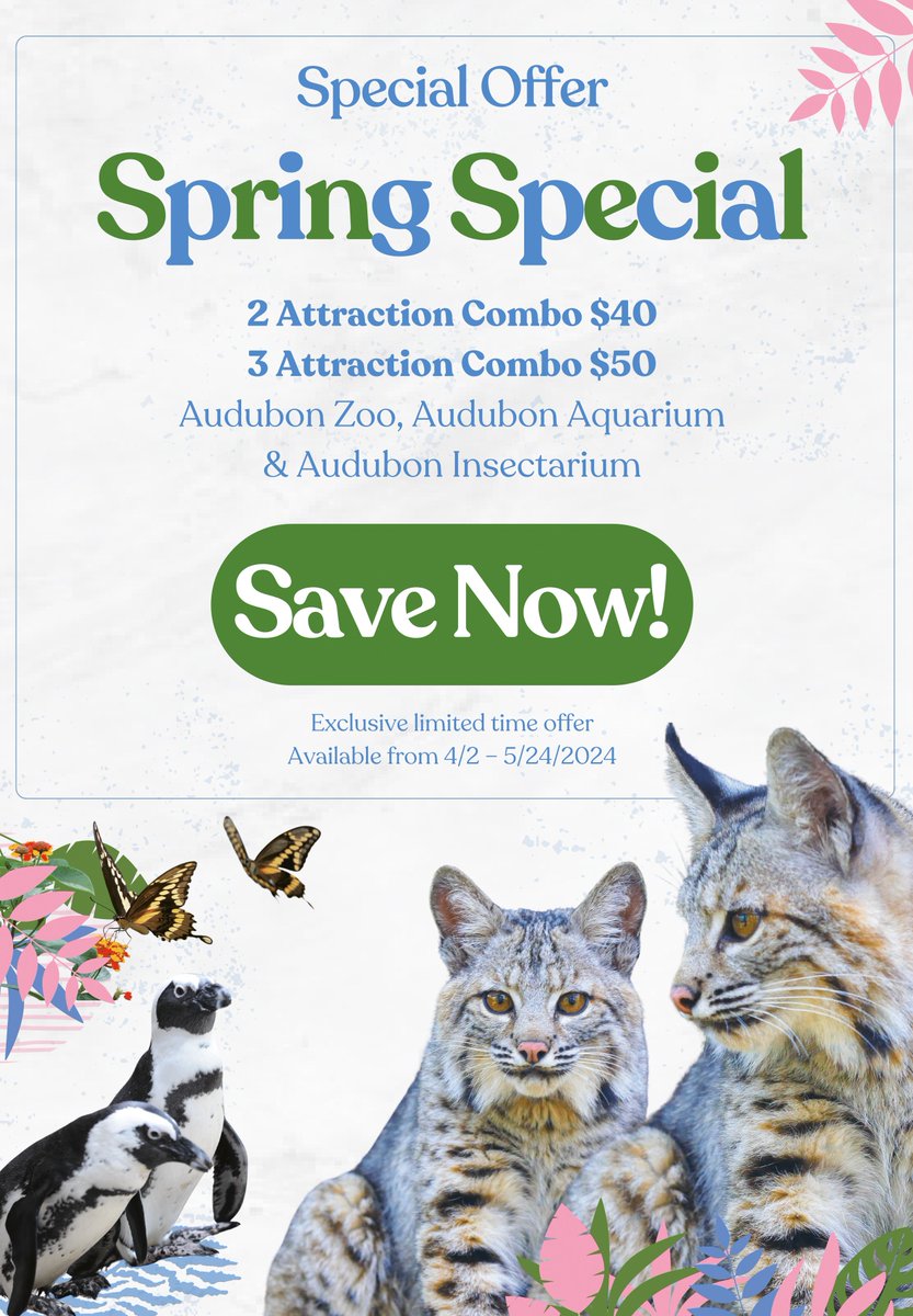 Exciting news! We've extended our Spring Special until May 24. You can save up to $30 on any two Audubon attractions and up to $55 on all three (Audubon Aquarium, Audubon Insectarium, and Audubon Zoo) during the Spring Special: bit.ly/2H3uS1n