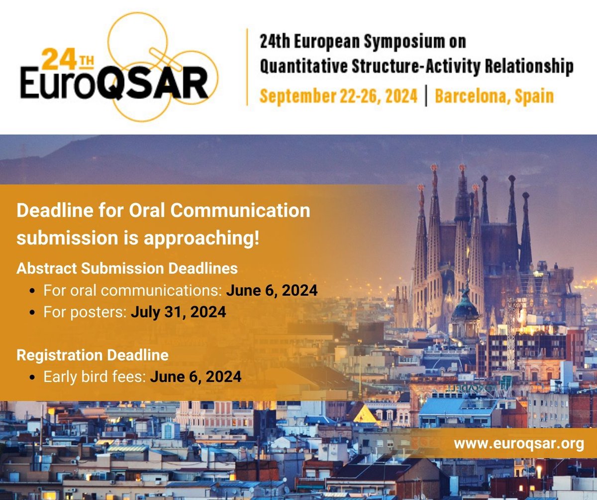 📢 Do not miss out on the opportunity to present your research at the 24th EuroQSAR! 📅 September 22-26, 2024 📍 Barcelona, Spain 🔗 euroqsar.org Submit your abstract for oral communication by June 6, 2024! #EuroQSAR2024 #ComputationalDrugDesign #Barcelona