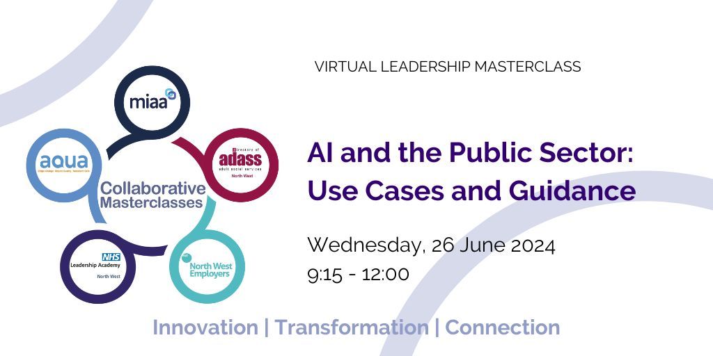 Interested in #ArtificialIntelligence? In our next #CollaborativeNW we'll be exploring how #AI has been used to improve care and productivity in the public sector. 📅 26 June Book now: buff.ly/4bBBvRV @MIAANHS @NWADASS @NWEmployers @nhsnwla