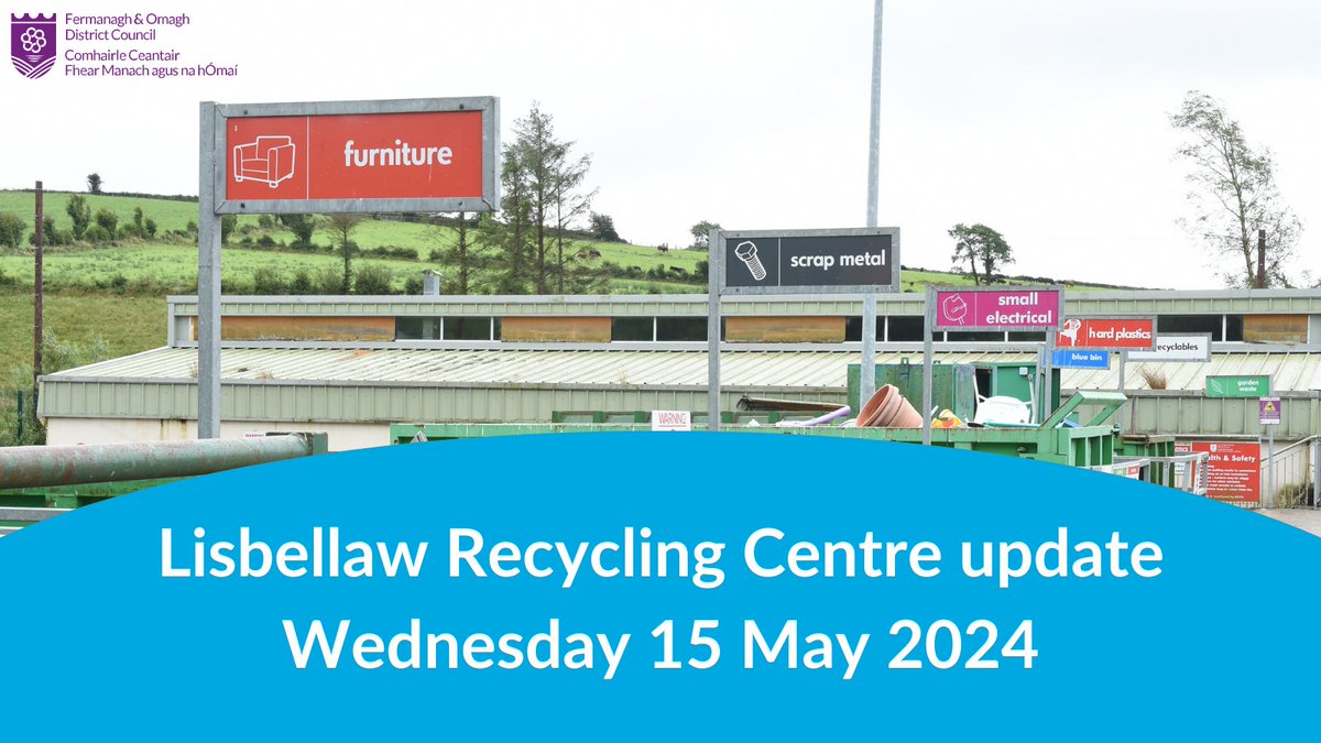 ♻️Lisbellaw Recycling Centre will be opening at the later time of 12 noon tomorrow, Wednesday 15 May 2024.

♻️Recycling facilities will be available at Tempo Recycling Centre👉bit.ly/FODCOpeningHou… 

We apologise for any inconvenience.

#FODC