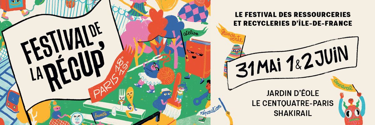 📢 Save the date ! Le REFER organise le Festival de la Récup' les 31 mai, 1er et 2 juin au <a href="/104paris/">CENTQUATRE-PARIS</a>, au Jardin d’Eole et au <a href="/le_Shakirail/">Le Shakirail 🌱</a>. Ressourceries et Recycleries sont rassemblées pour faire du réemploi solidaire une fête ! Entrée libre &amp; gratuite : buff.ly/3UZG96L