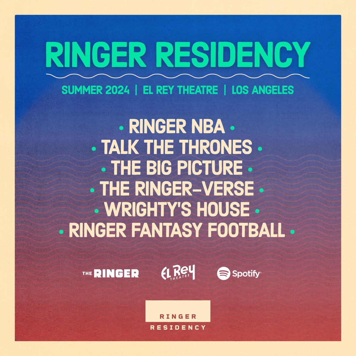 Los Angeles! Guess who's hanging at the El Rey Theatre this summer?

Grab your tickets now for our very first Ringer Residency: theringer.com/events